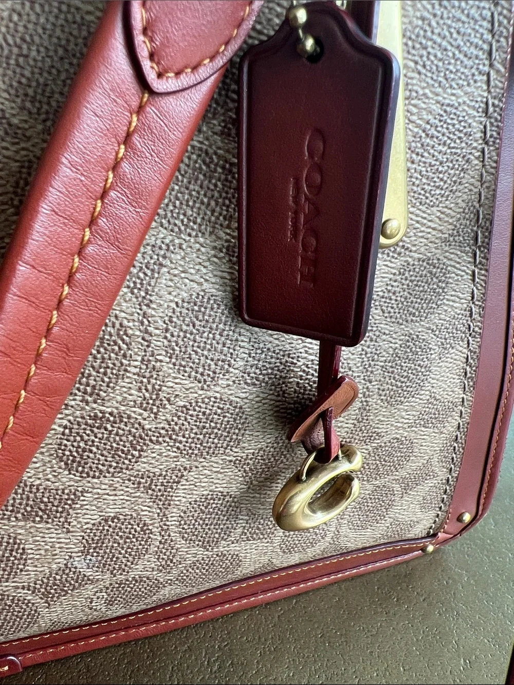 Coach Brown Signature Monogram Satchel with Burgundy Trim